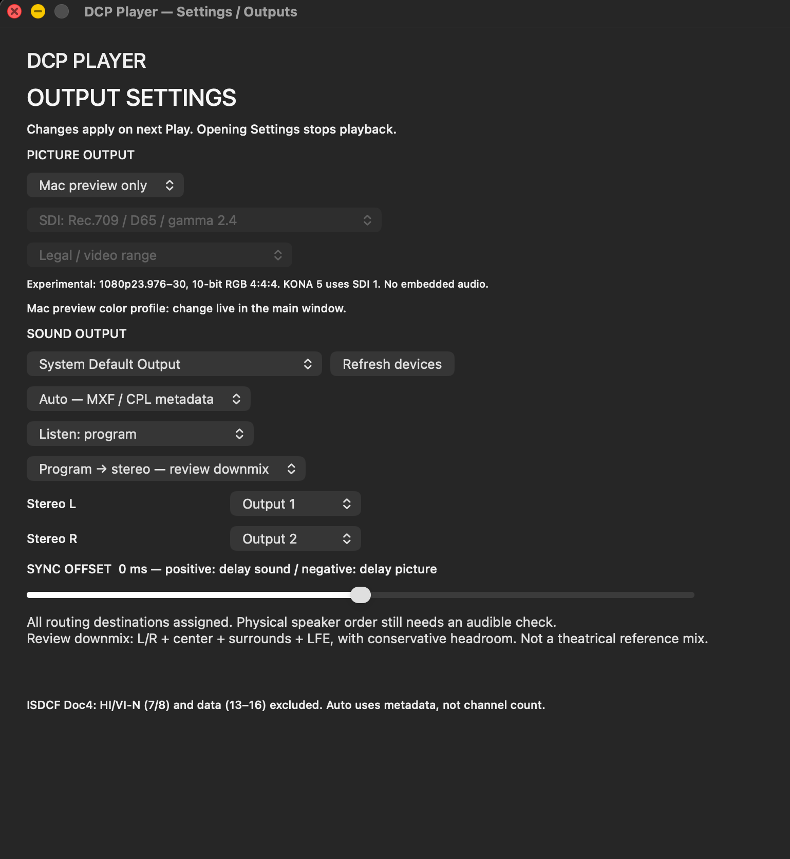 DCP Player output settings, picture and sound configuration