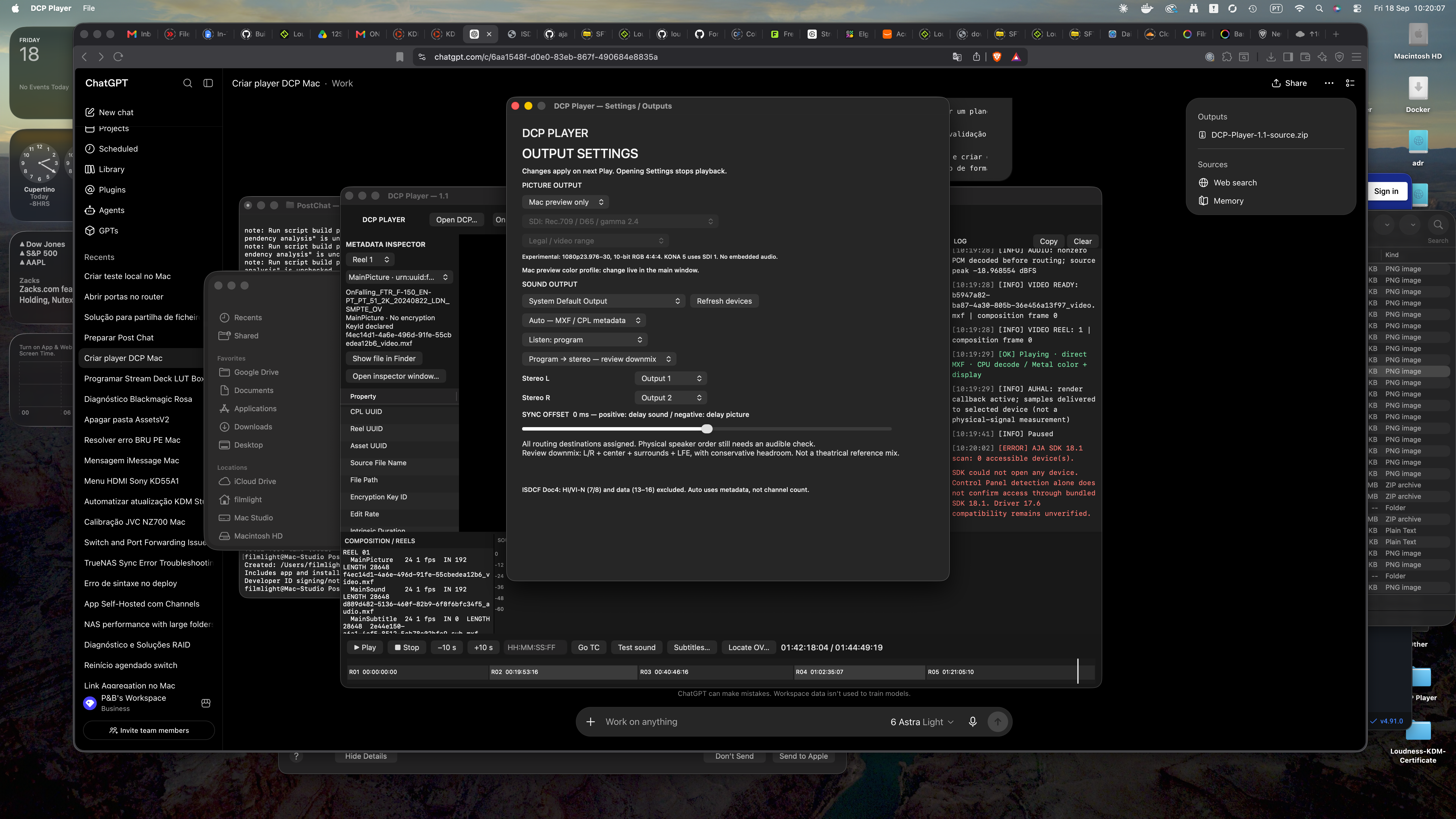 DCP Player main window with metadata inspector and log