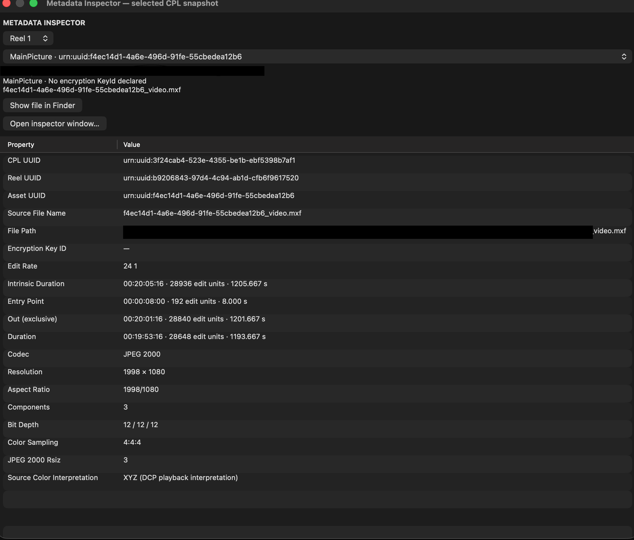 DCP Player metadata inspector showing CPL and reel properties