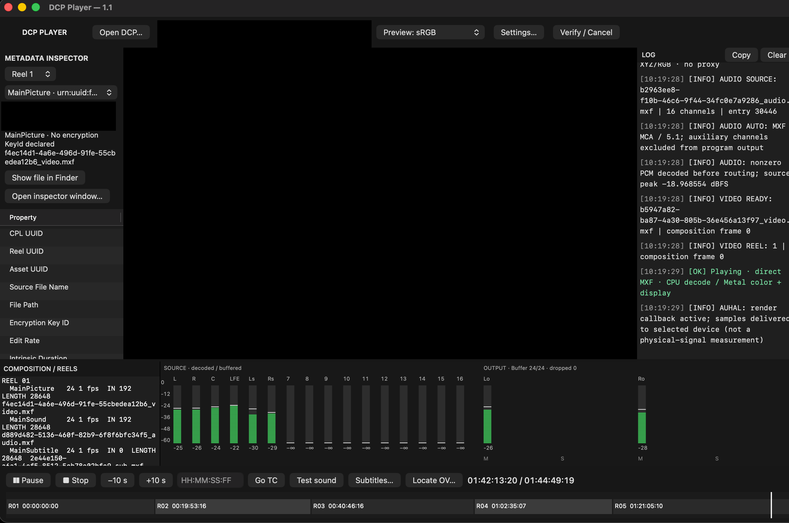 DCP Player playing a composition with live audio meters