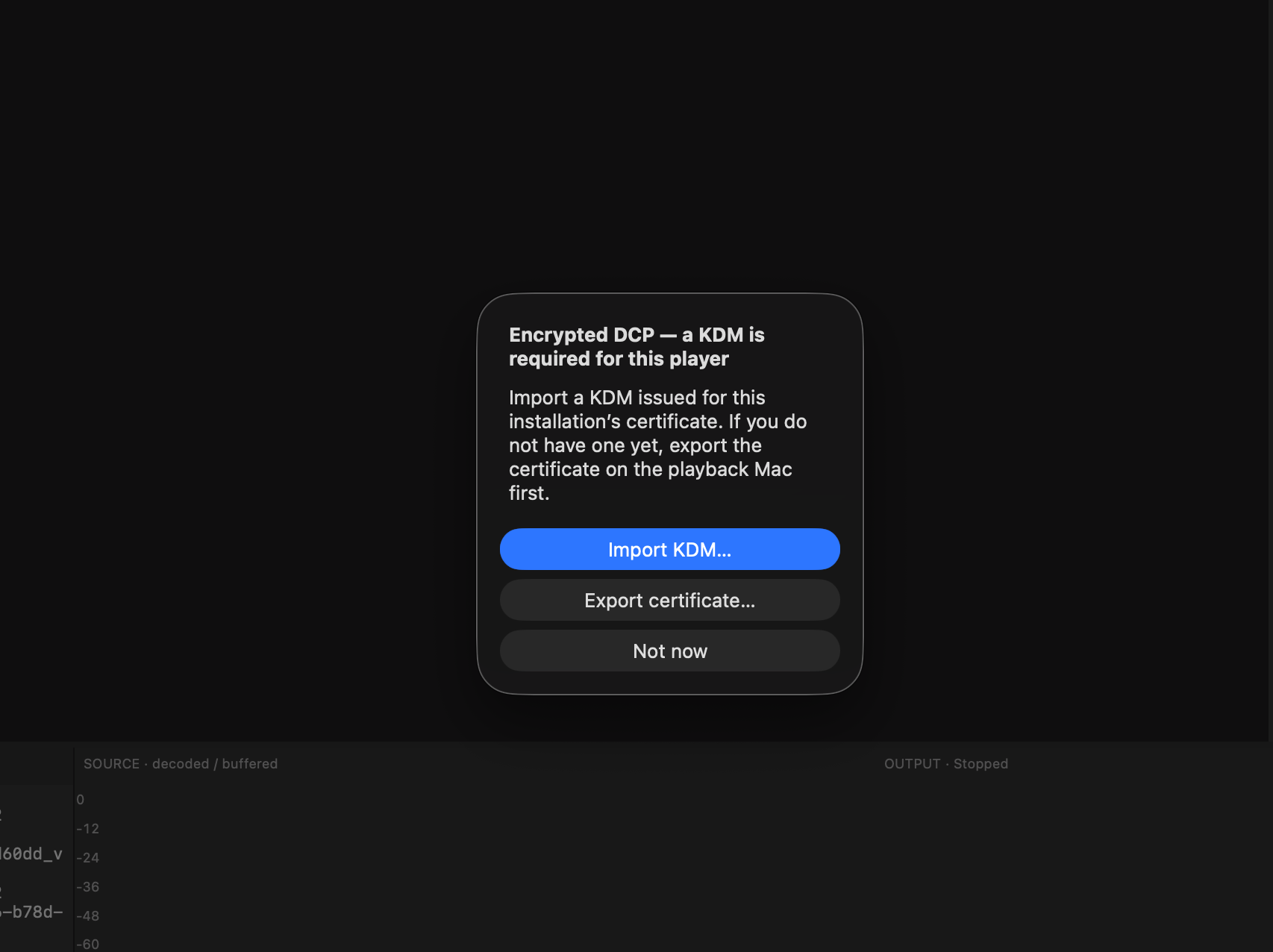 DCP Player KDM import dialog for an encrypted DCP