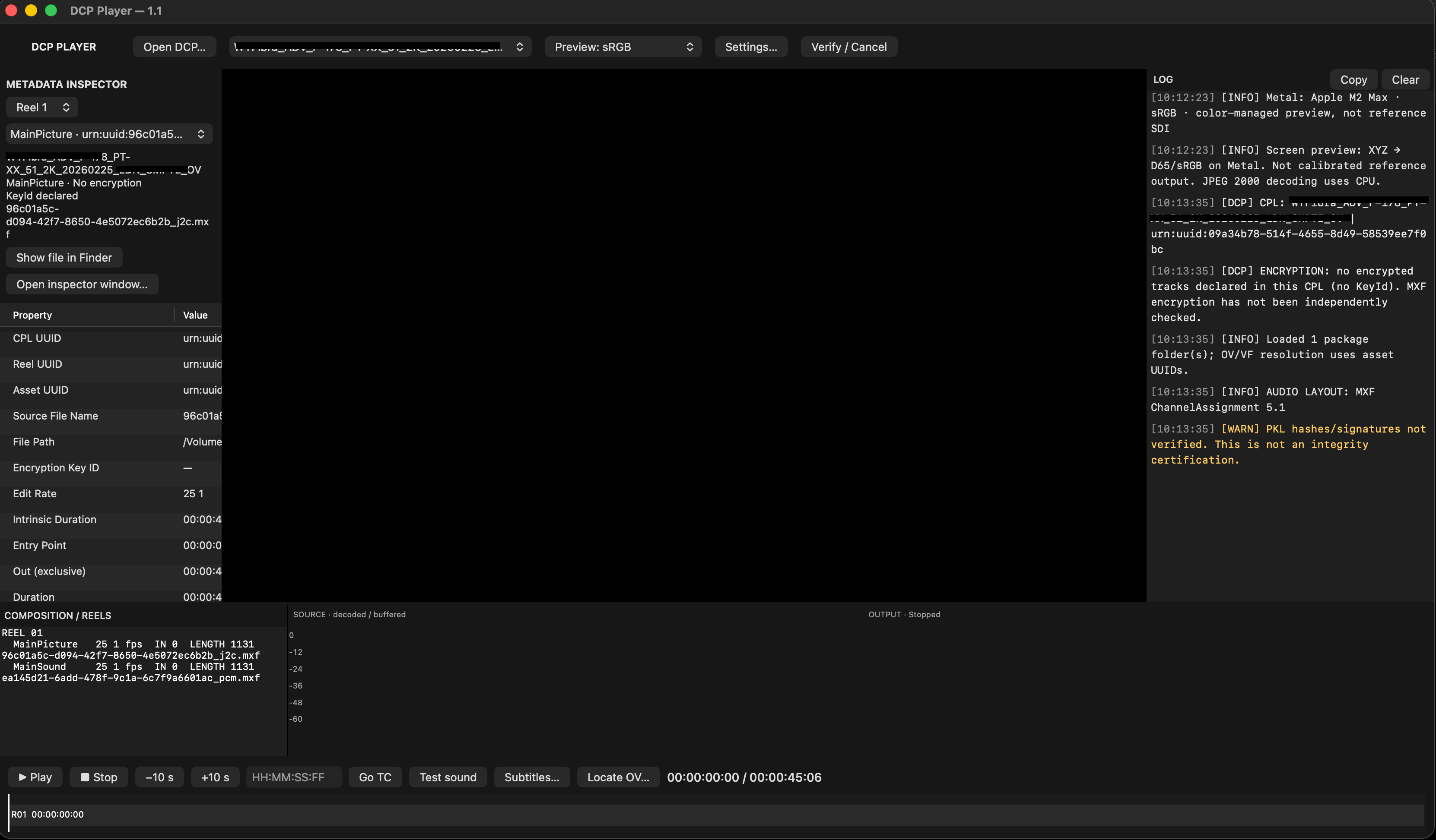 DCP Player metadata inspector with encryption and PKL warnings