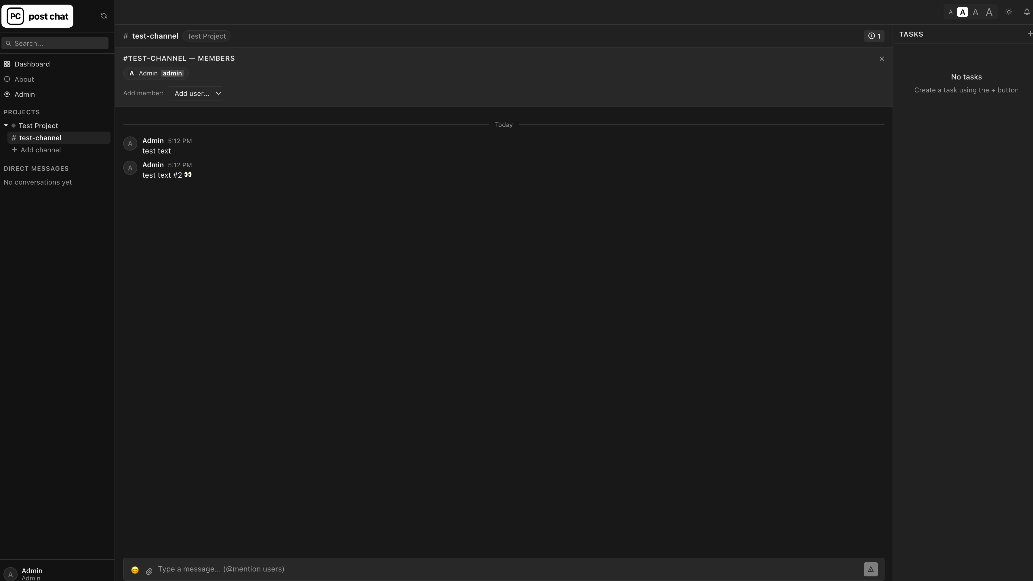 Post Chat channel view with messages and tasks panel