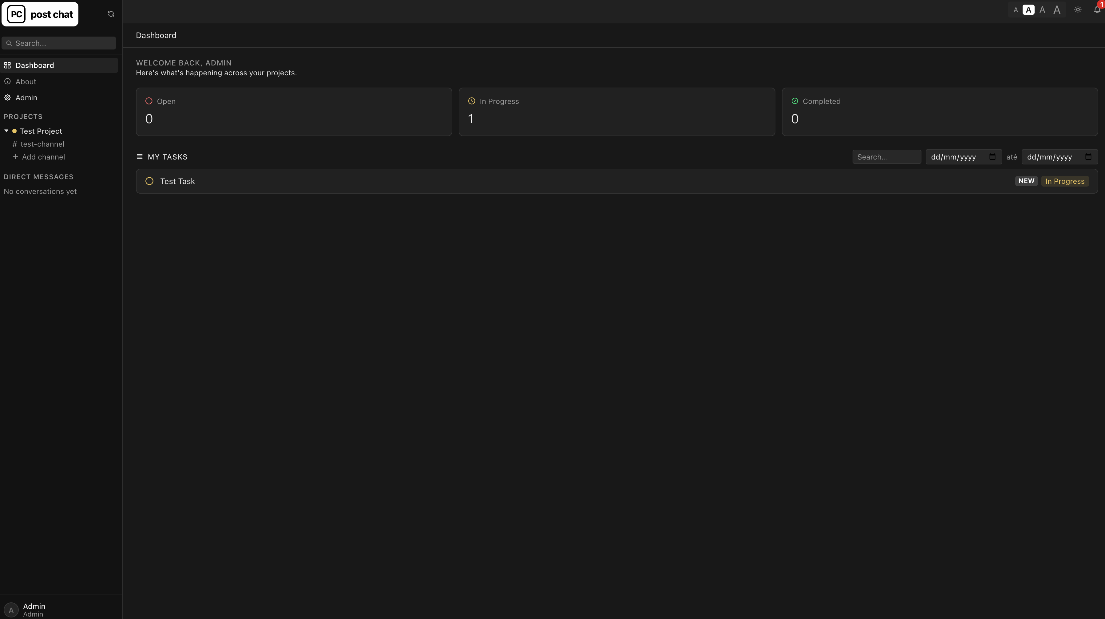 Post Chat dashboard with open, in progress and completed tasks