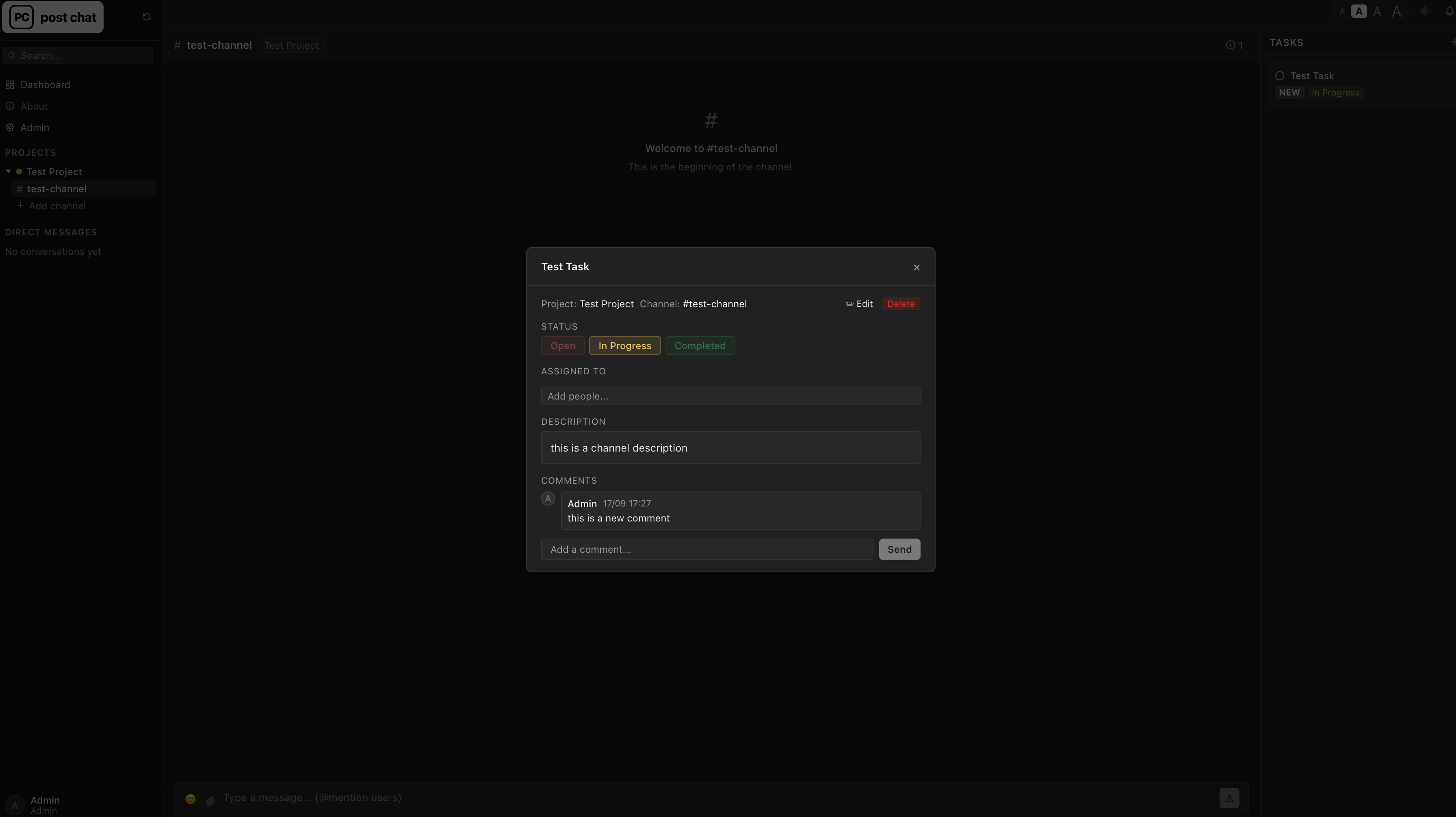 Post Chat task detail with status, assignee and comments