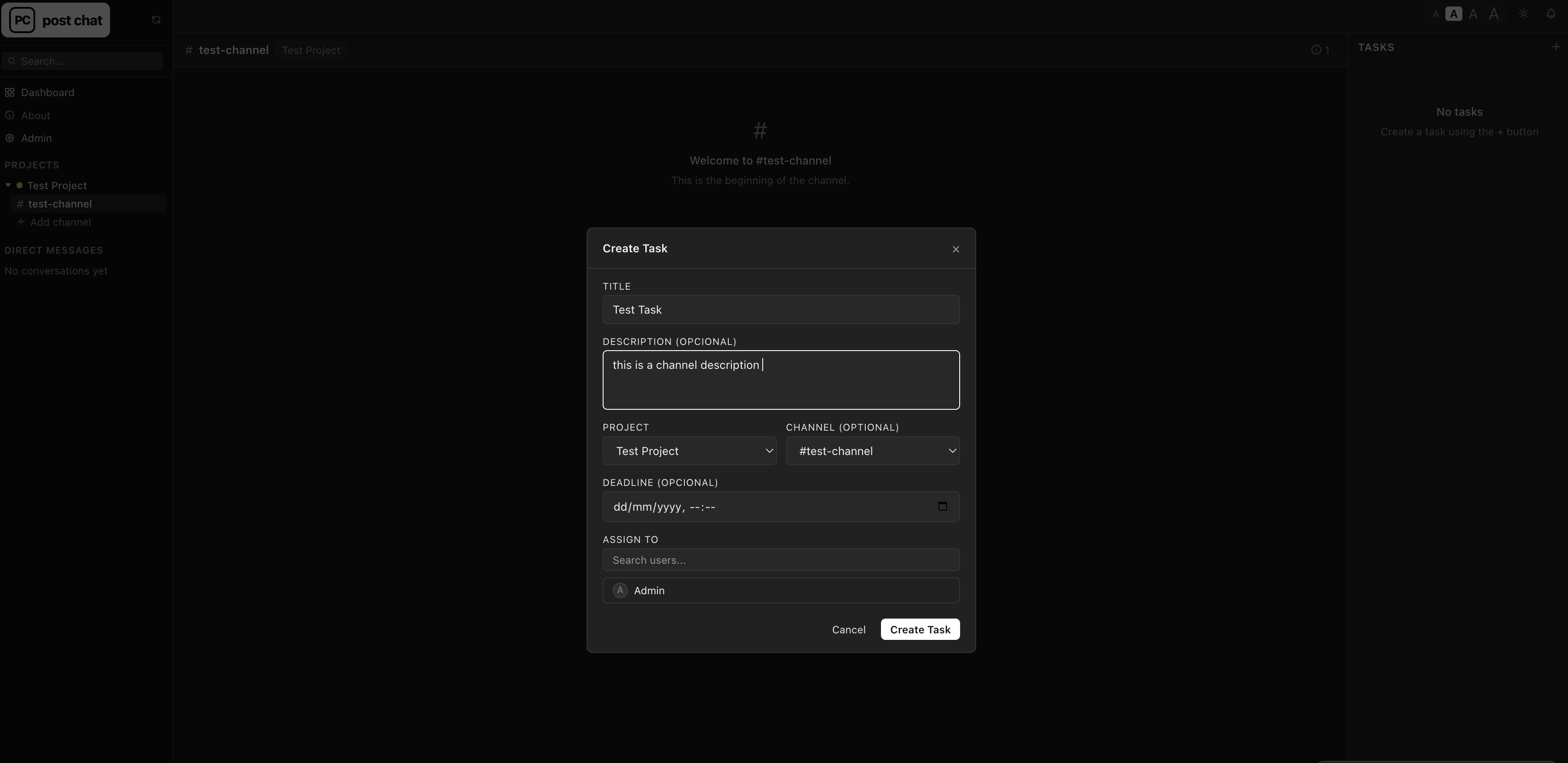 Post Chat create task dialog