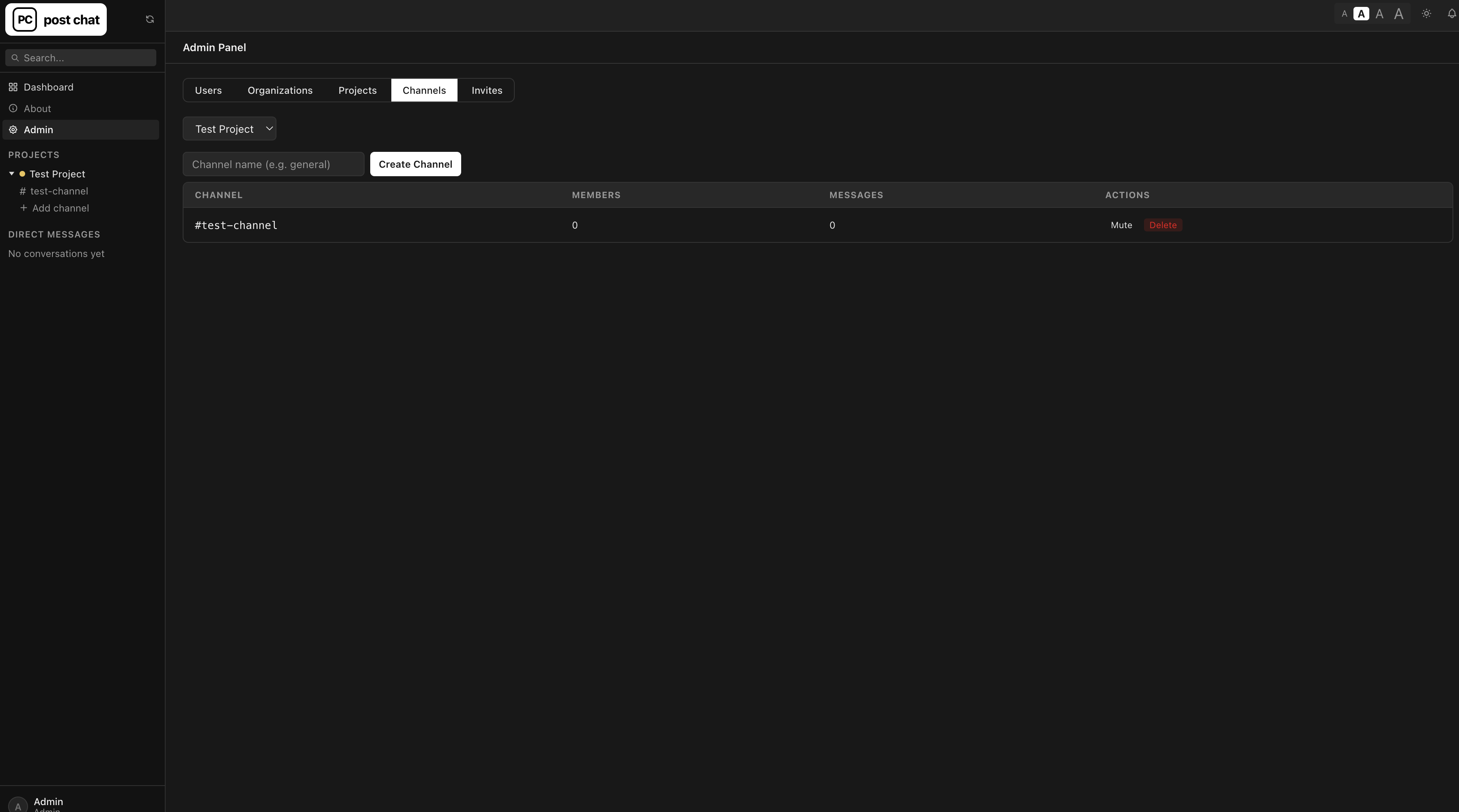 Post Chat admin panel, channels tab