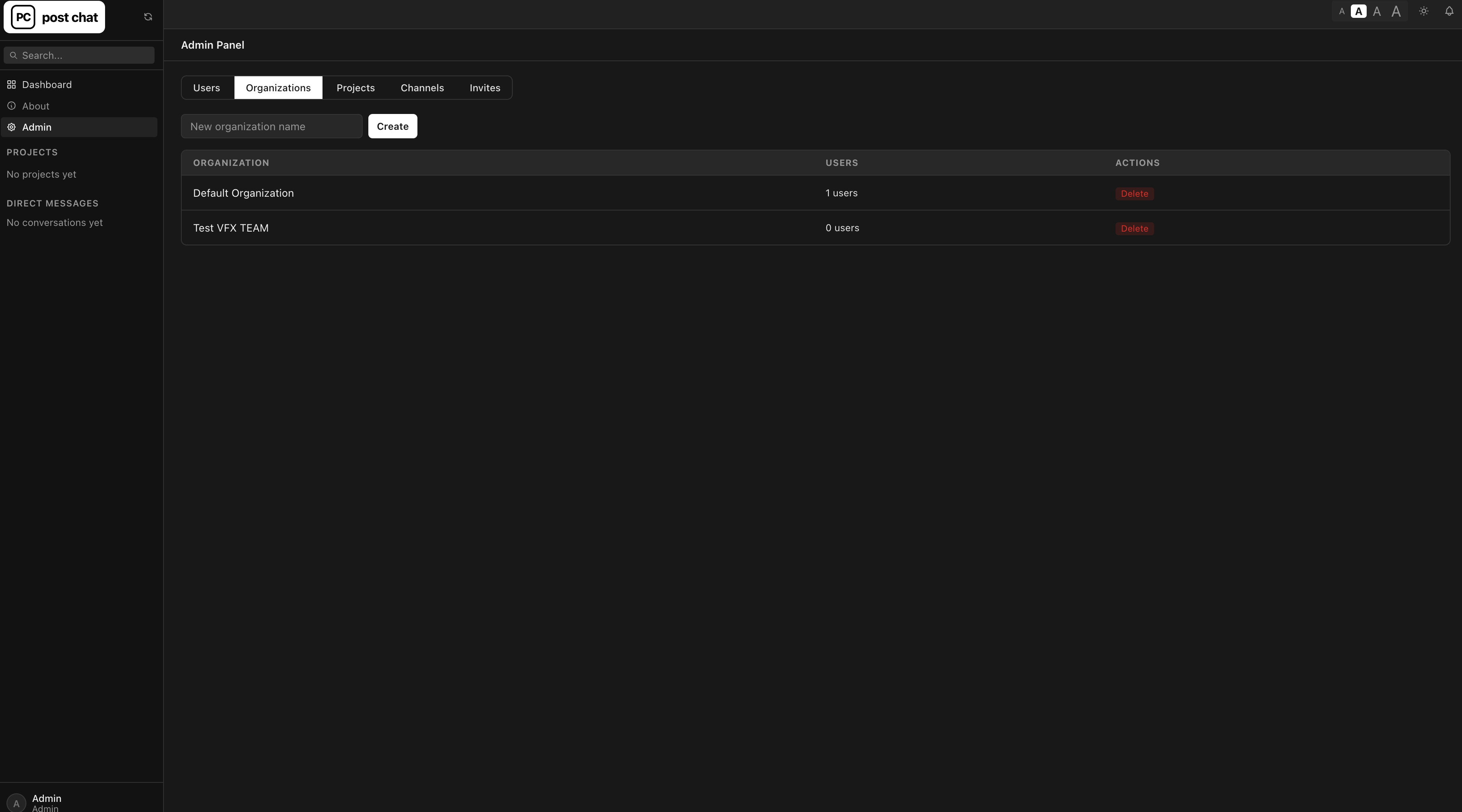 Post Chat admin panel, organizations tab